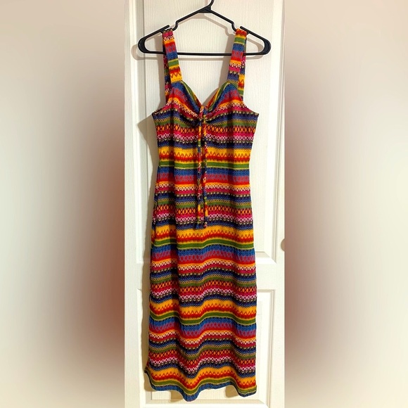Cider Colourful Striped Beachy Boho V-Neck Front Tie Slit Maxi Dress Size XL - Picture 4 of 12